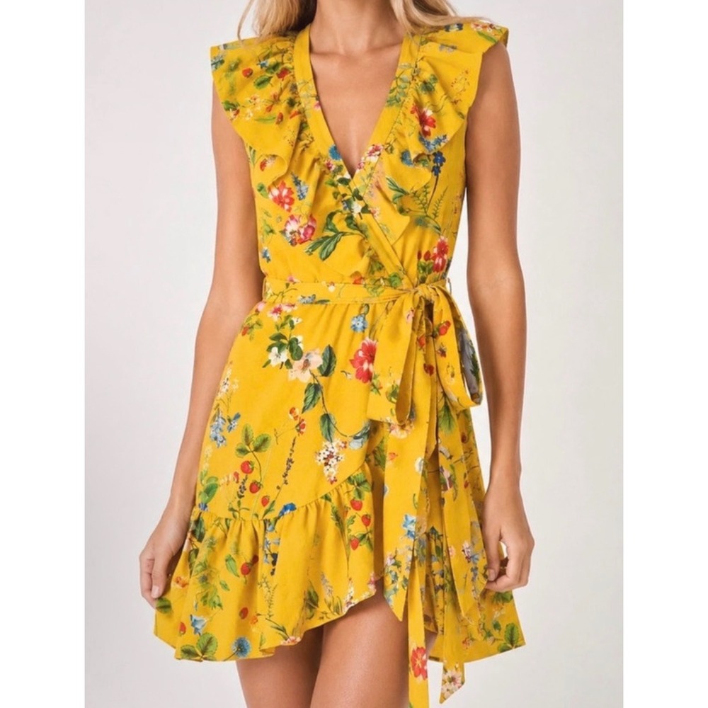Maeve Anthropologie Yellow Floral Strawberry Ruffle Wrap Mini Dress Small